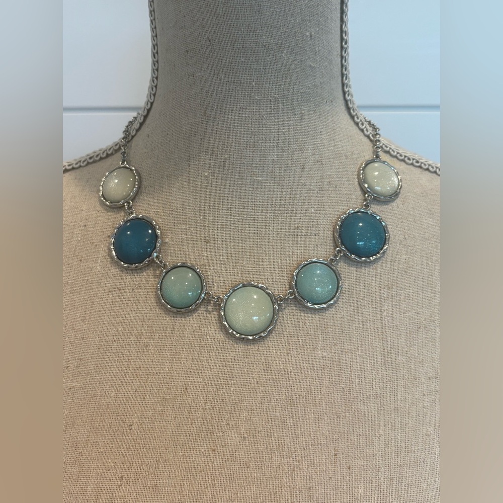 Elegant Blue, Light Green and Cream Cabochon Silver Tone Statement Necklace